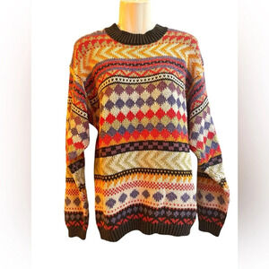 Vintage RTW Sweater Fair Isle Blue Red Colorful Striped Diamond 80s Mens Sz S
